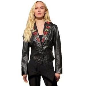 Vintage Michael Hoban North Beach 100% Leather Black Jacket RedEmbroidery